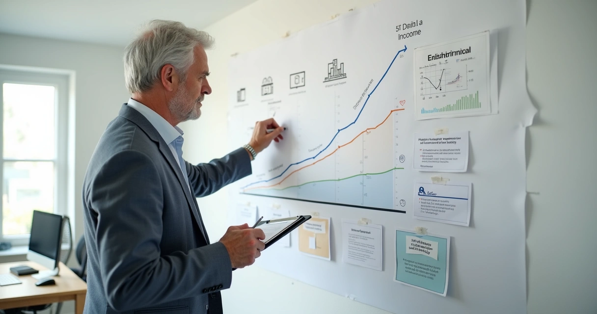 Profissional 50 mais analisando caminho de crescimento financeiro em parede com gráficos e post-its 