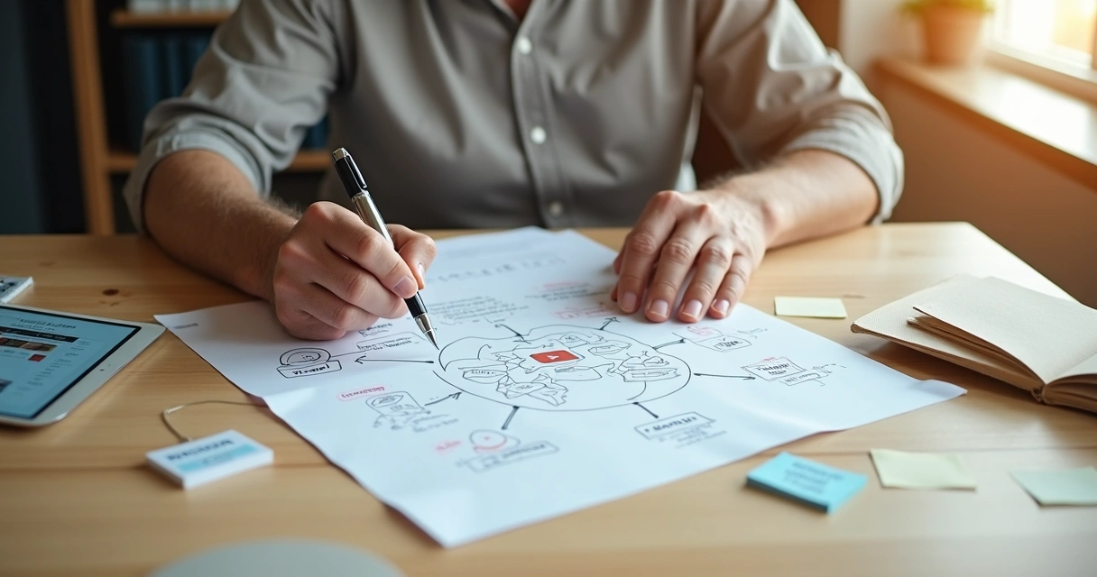 Profissional maduro avaliando vários ícones de novas fontes de renda em ambiente moderno 