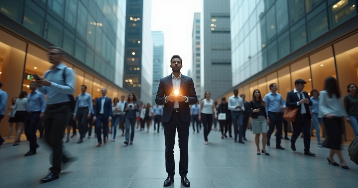 Profissional em pé firme entre duas multidões opostas simbolizando pressão social e organizacional 