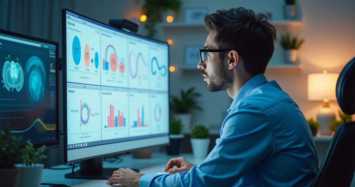 Profissional de marketing odontológico analisando gráficos de campanha com expressão de decisão 