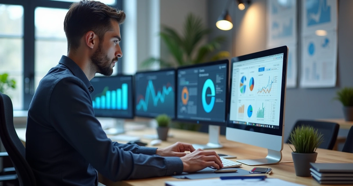 Homem profissional em escritório moderno trabalhando em computador com gráficos de marketing digital na tela 