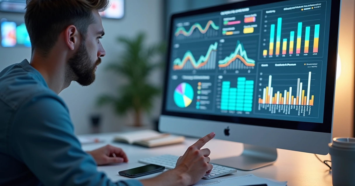 Profissional de marketing digital trabalhando com gráficos e ícones relacionados a odontologia em tela de computador 