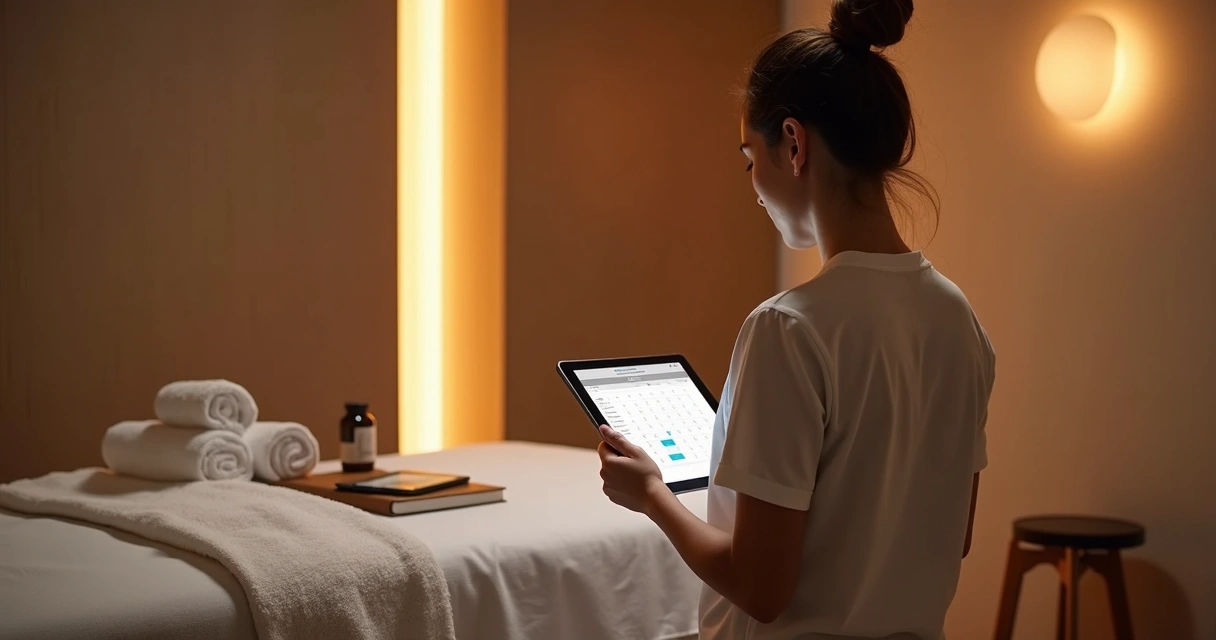 Profissional massagista organizando agenda em tablet 