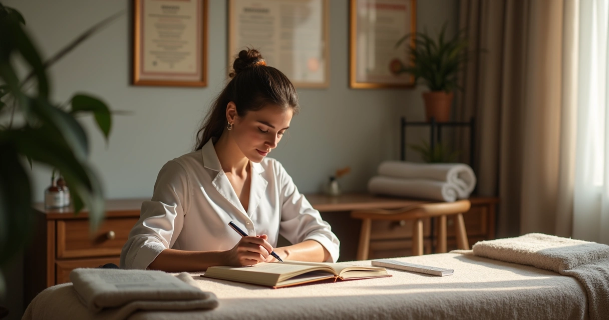 Profissional de massoterapia estudando em ambiente acolhedor 