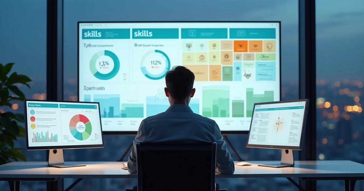 Profissional analisando matriz digital de competências técnicas em grande tela 