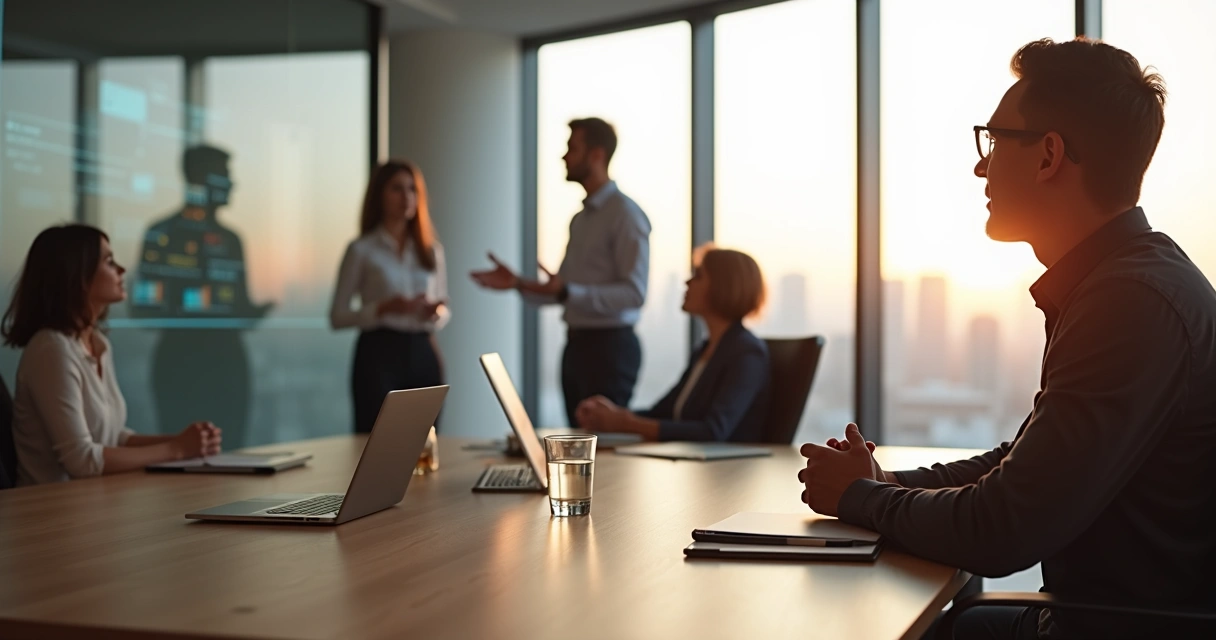 Profissional em reunião refletindo com postura calma e consciente 
