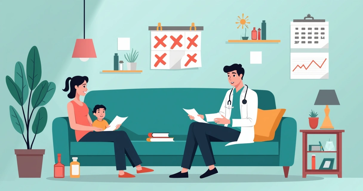 Profissional de jaleco sentado em casa com a família, descansando ao lado de papéis e remédios, representando afastamento médico. 