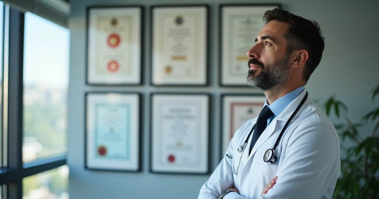 Médico sentado em consultório olhando para certificados na parede, ambiente neutro e moderno, expressão de dúvida. 