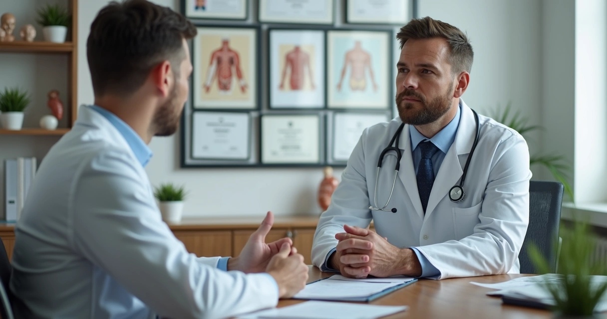 Médico andrologista conversando com paciente em consultório moderno 