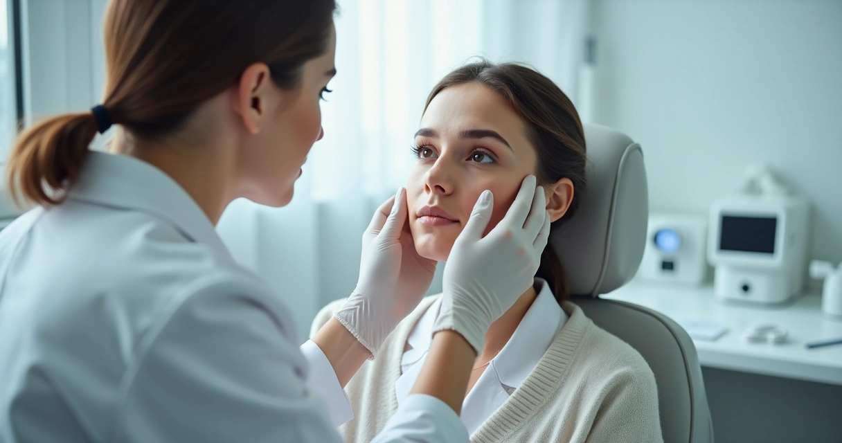 Profissional médico examinando o rosto de mulher 