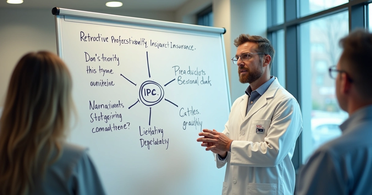 Médico segurando apólice com texto explicativo em painel branco 