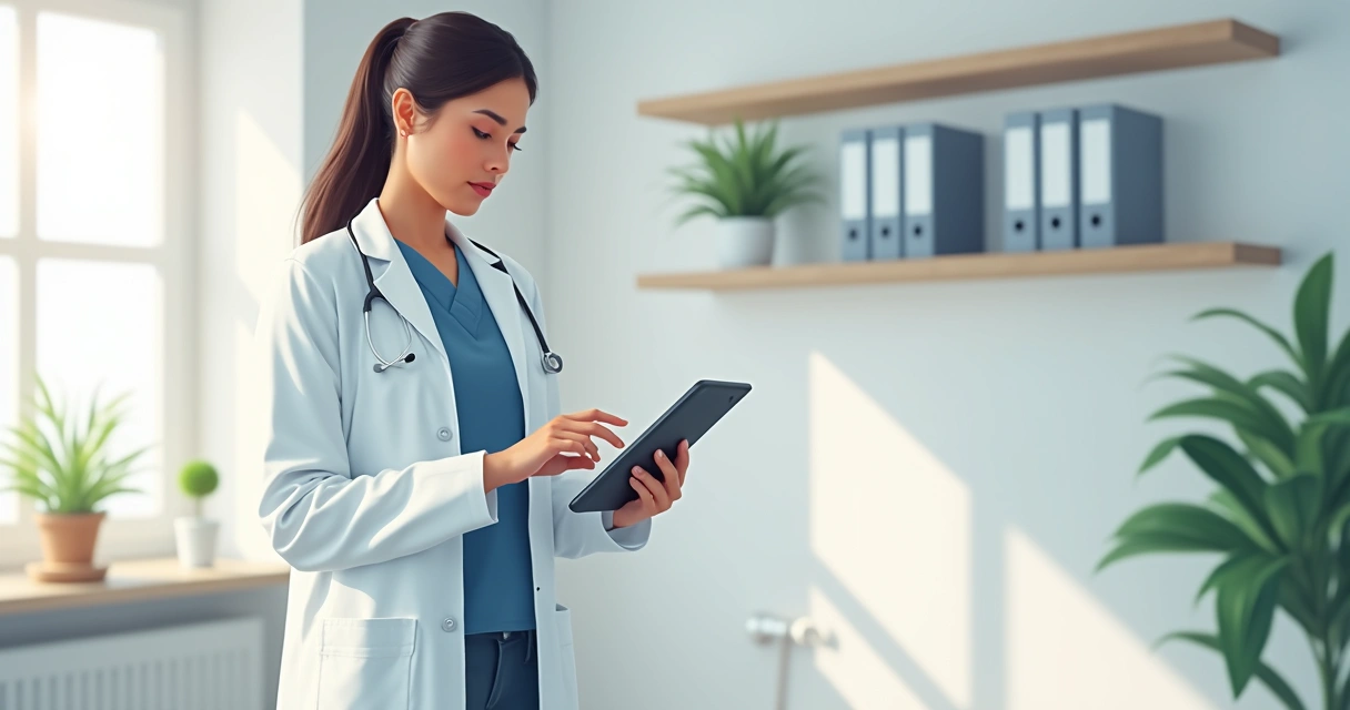 Médico usando tablet em consultório moderno 