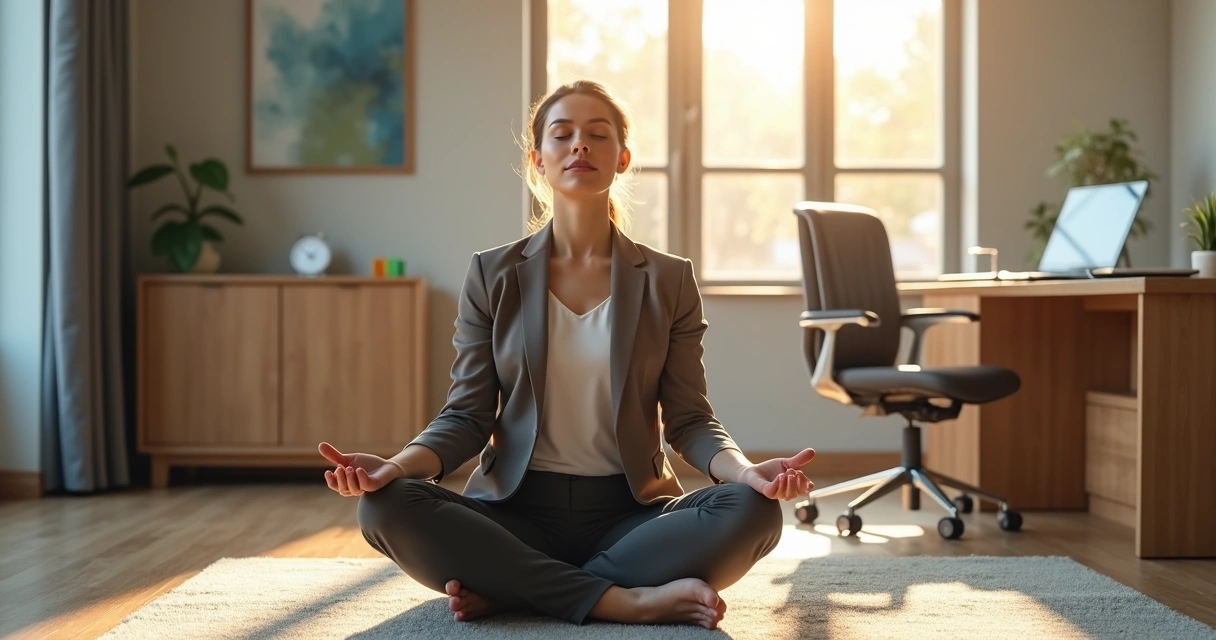 Profissional em escritório meditando sentado ao lado da mesa de trabalho 