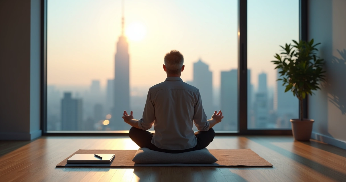Profissional meditando em sala minimalista antes de tomar decisão importante 