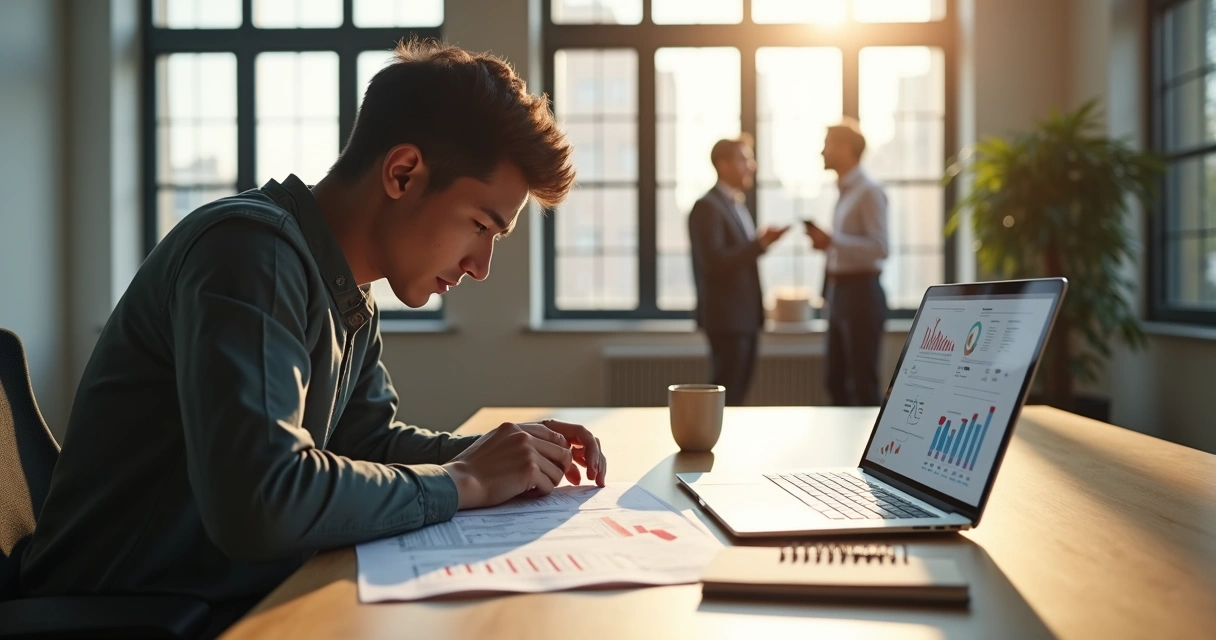 Profissional sentado à mesa de trabalho olhando relatório com expressão preocupada 