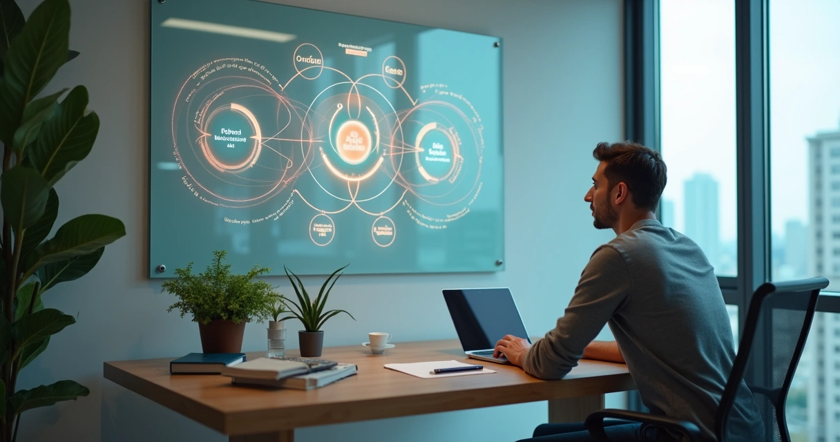 Profissional em escritório olhando painel com conexões entre mente, emoção e trabalho 