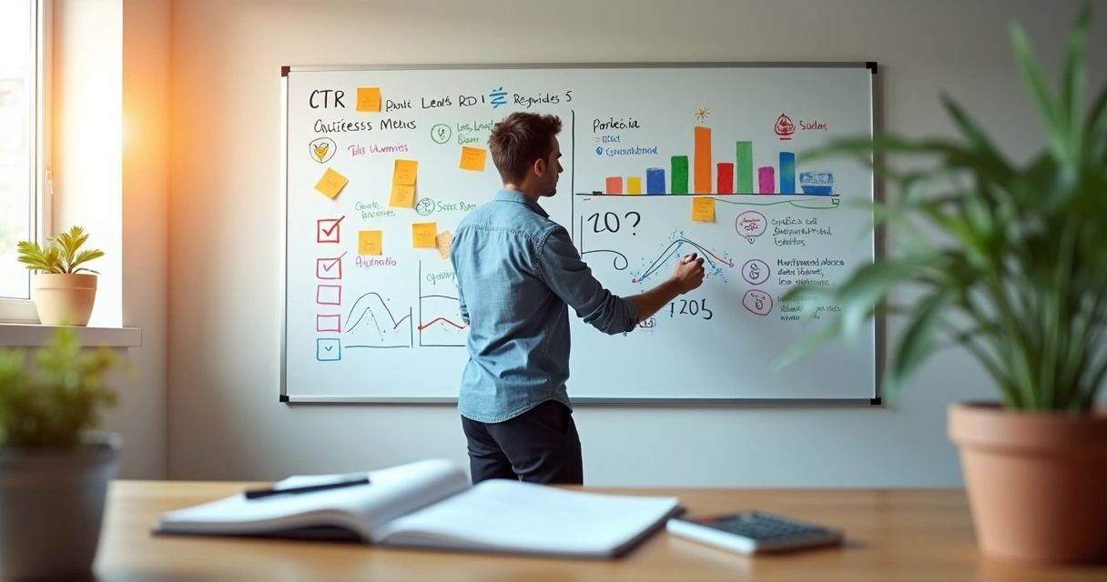 Profissional organizando métricas de marketing em quadro branco colorido 