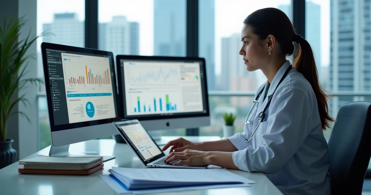 Profissional de saúde analisando progresso em vários dispositivos digitais 