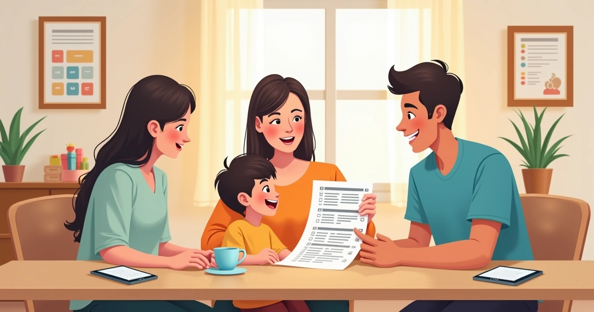 Profissional mostra protocolo ABA para pais e filho em mesa de reunião 