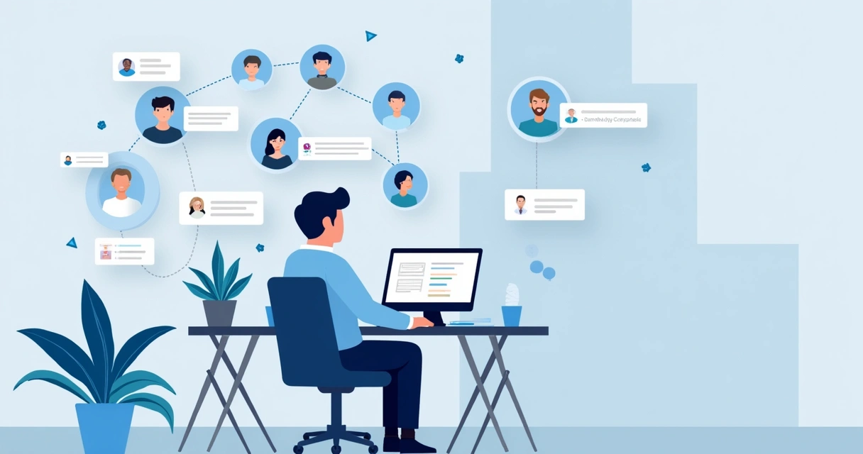 Profissional ampliando networking no LinkedIn com IA, com gráficos e sugestões vibrantes ao redor 