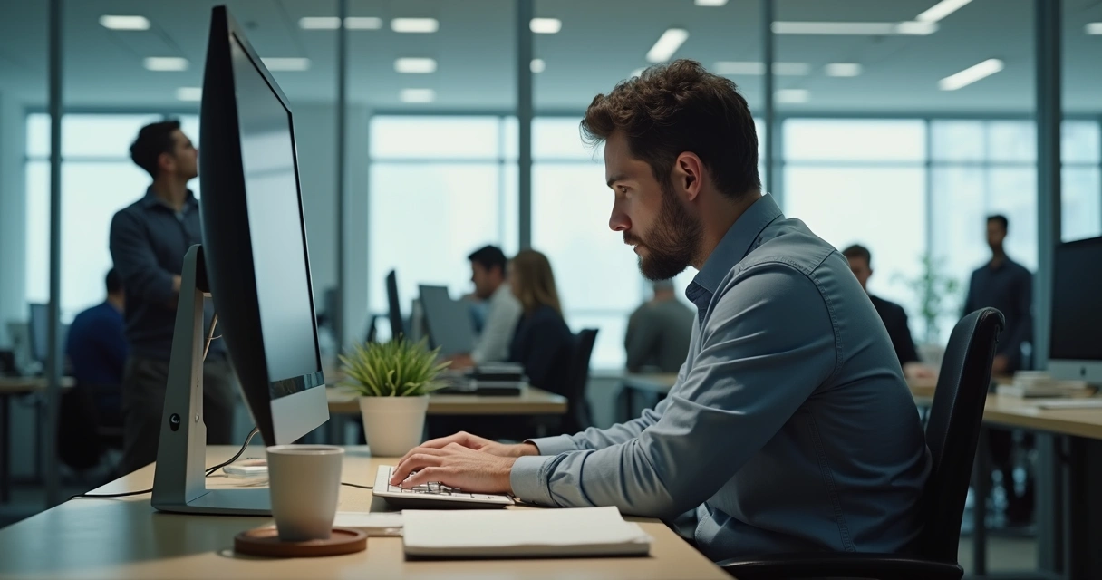 Profissional sentado em estação de trabalho com expressão distante olhando para tela do computador 