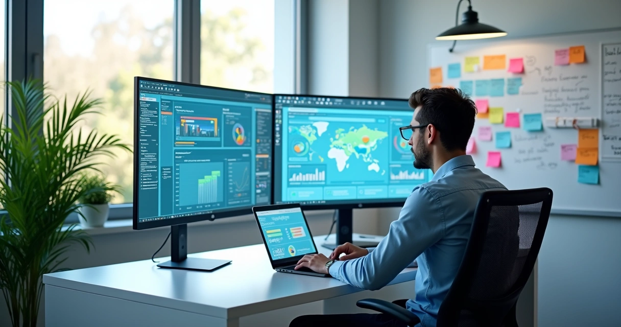 Profissional trabalhando em escritório moderno com telas mostrando gráficos e diagramas de processos no-code 