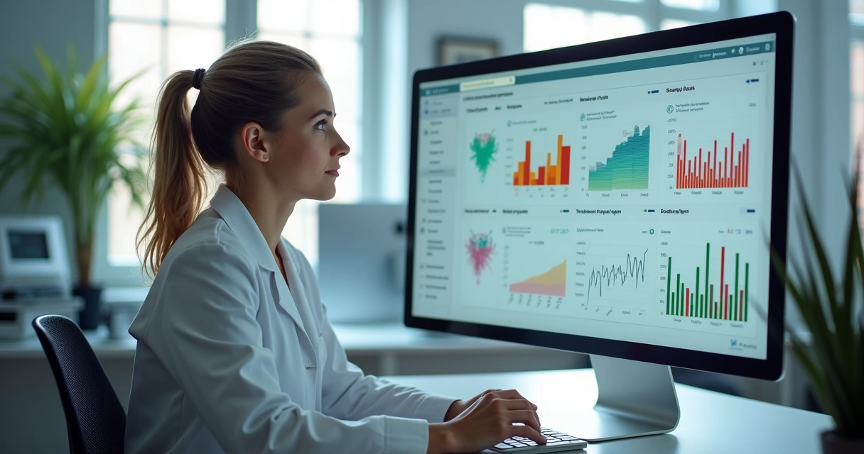 Nutricionista analisando painel digital de evolução do paciente, gráficos e scores na tela, ambiente de clínica moderna