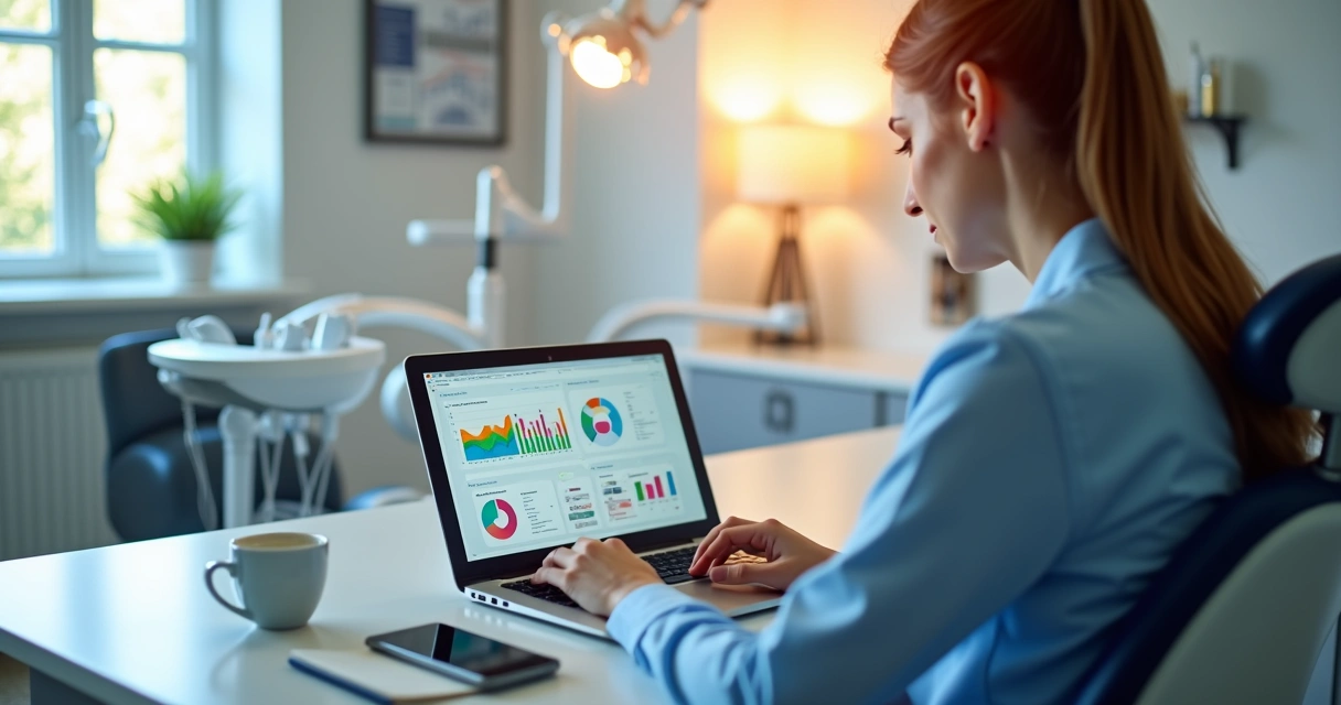 Profissional de odontologia usando laptop moderno em consultório com gráficos de marketing digital na tela 