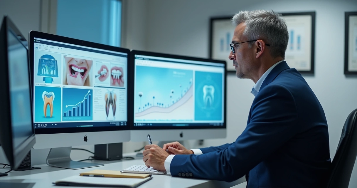 Profissional experiente de marketing odontológico analisando dados 