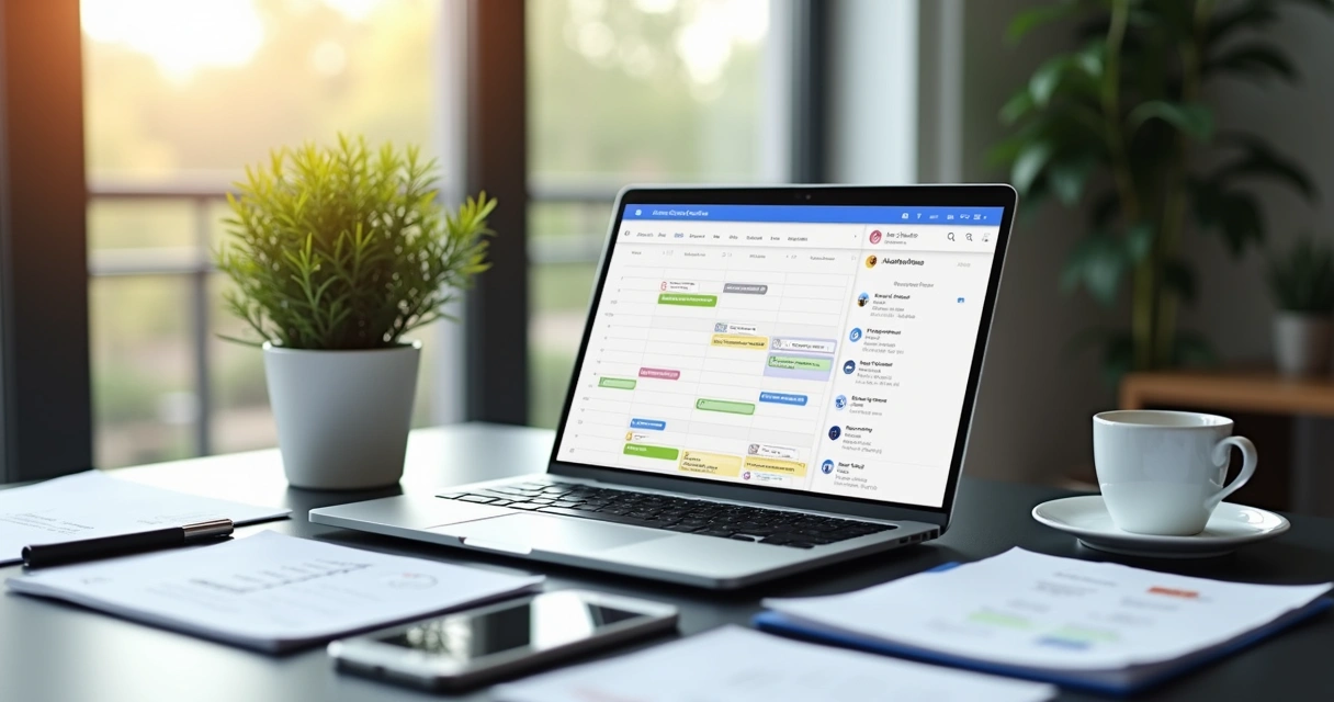 Profissional organizando agenda digital em laptop moderno com interface do Google Agenda visível na tela 