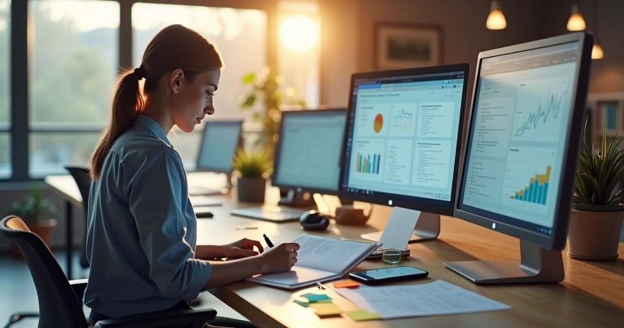 Profissional organiza tarefas com bloco de notas diante de telas com gráficos no escritório 