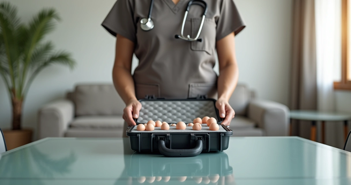 Profissional de saúde transportando orquidômetro em visita domiciliar com estojo organizado 