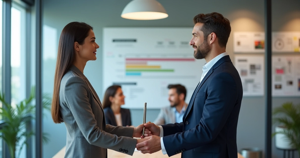 Profissional passando bastão de liderança em ambiente corporativo moderno 