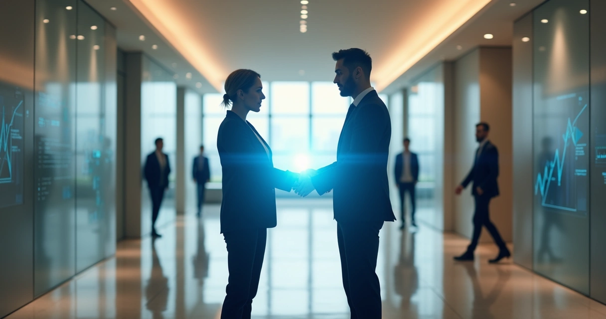 Profissionais em corredor corporativo passando bastão de luz simbolizando substituição planejada 