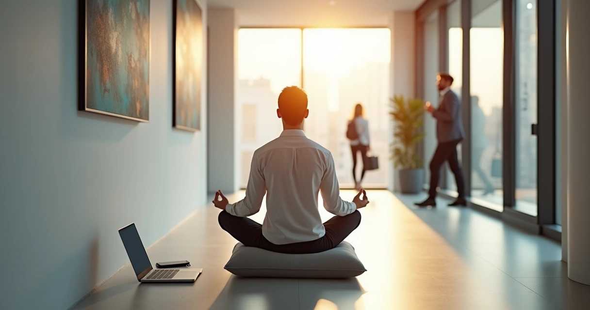 Profissional sentado meditando em corredor corporativo silencioso 