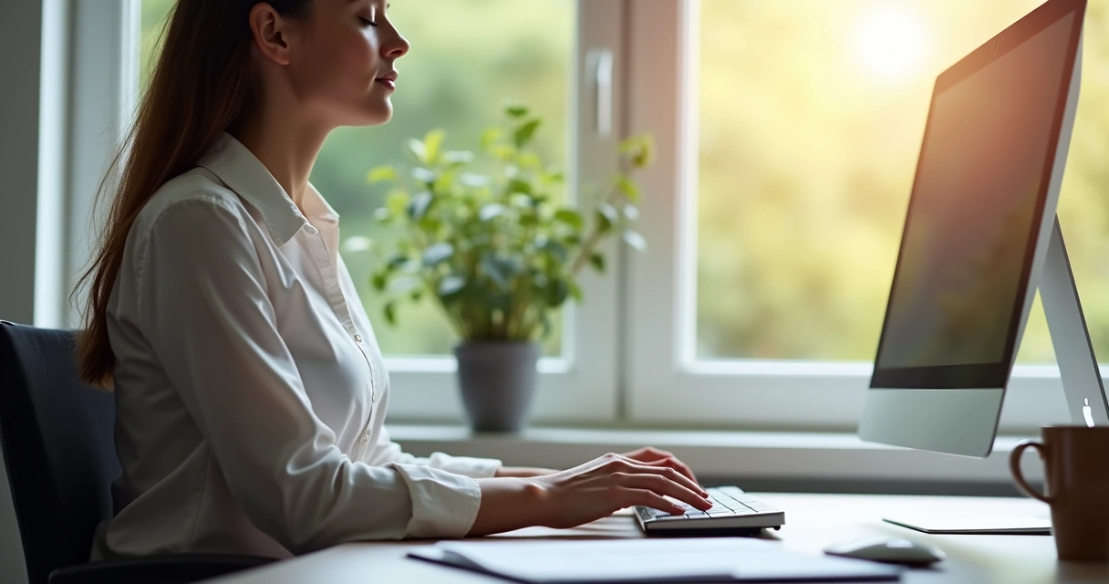 Profissional fazendo pausa de respiração antes de retomar o trabalho
