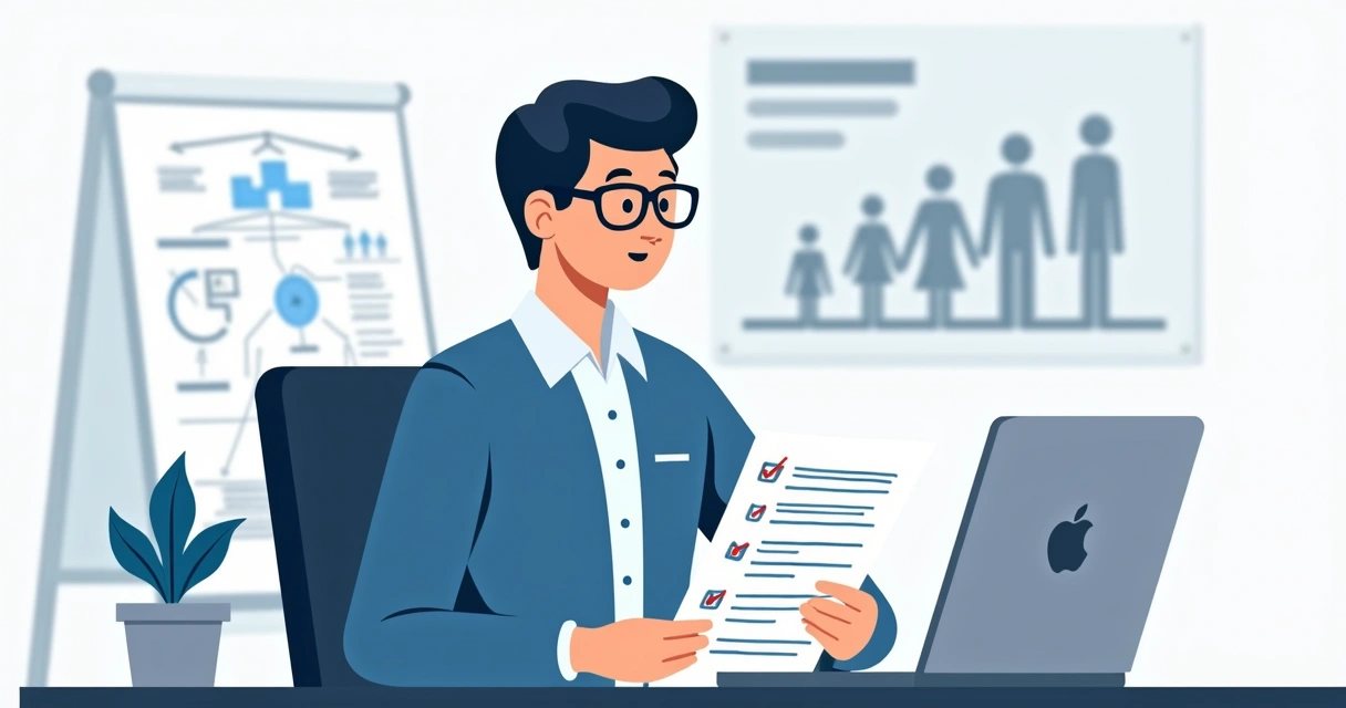Profissional PJ revisando contrato de seguro com checklist 