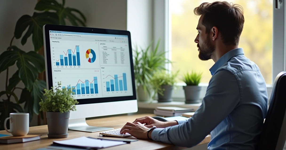 Profissional em home office, computador ligado e gráficos financeiros na tela