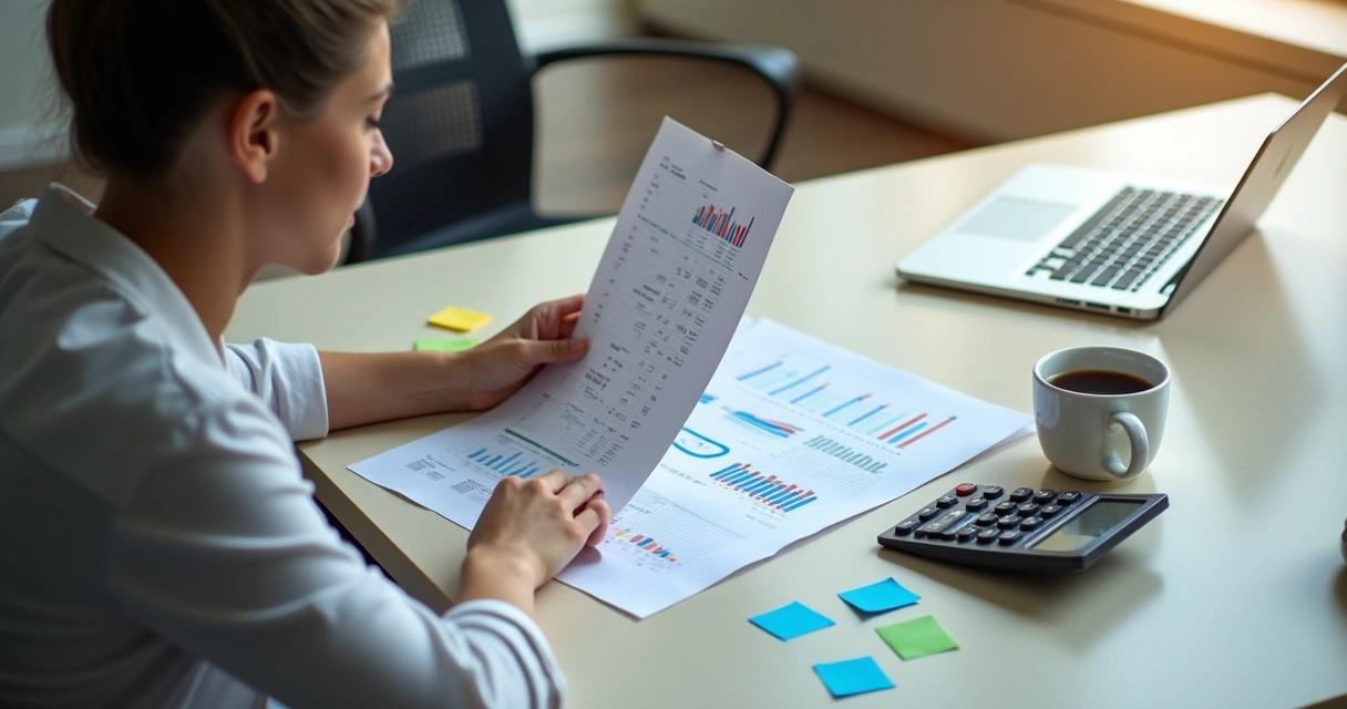 Pessoa revisando metas financeiras em mesa de trabalho 
