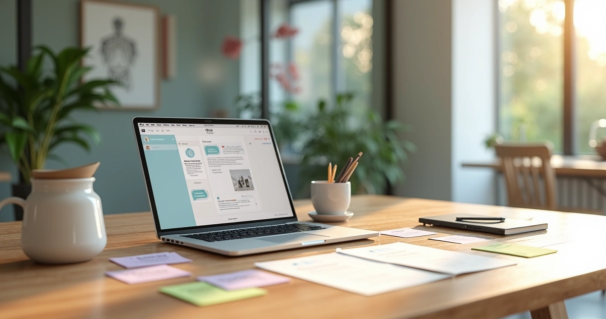 Profissional organizando ideias de blog para clínica de saúde em mesa com laptop e tablet 