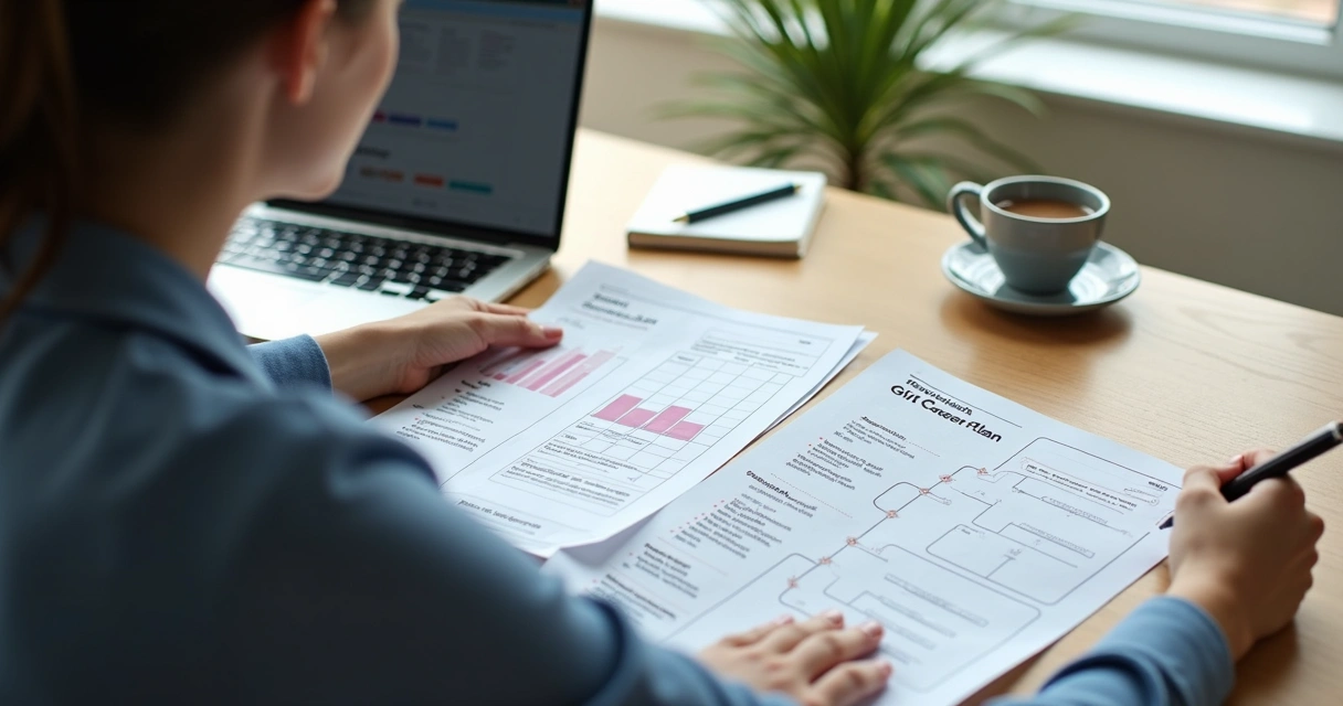 Pessoa analisando opções de carreira em mesa de trabalho 