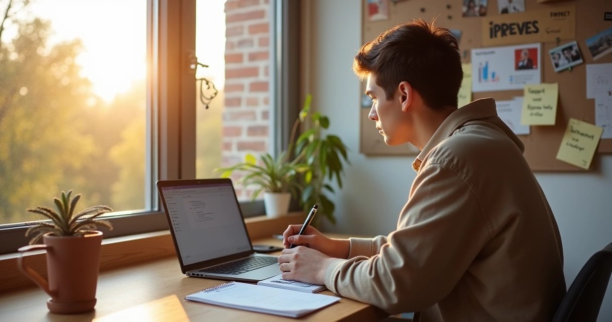 Profissional sentado à mesa planejando propósito de carreira 