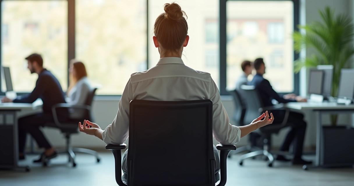 Profissional sentado em cadeira de escritório com postura de meditação, ambiente de trabalho ao fundo. 