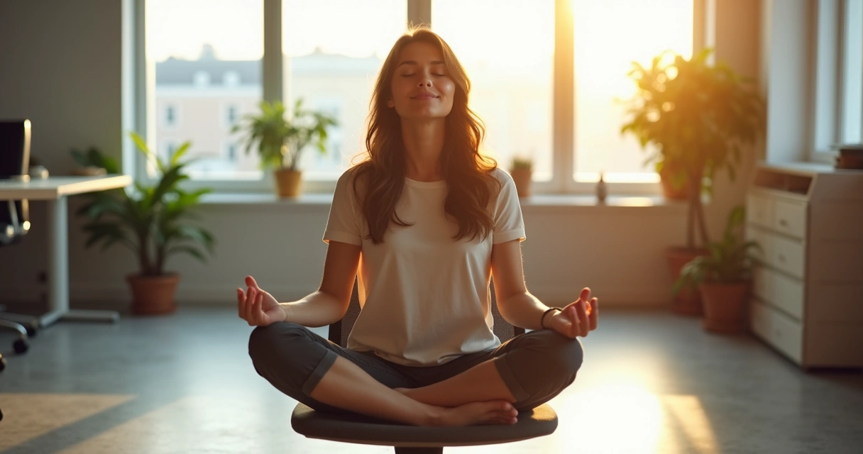 Pessoa praticando meditação em uma cadeira de escritório 