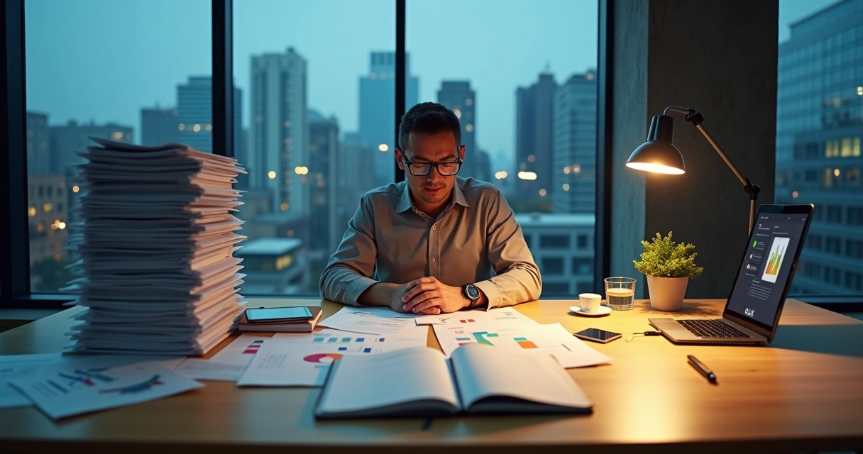 Profissional em mesa com pilha de relatórios de um lado e espaço vazio iluminado do outro 