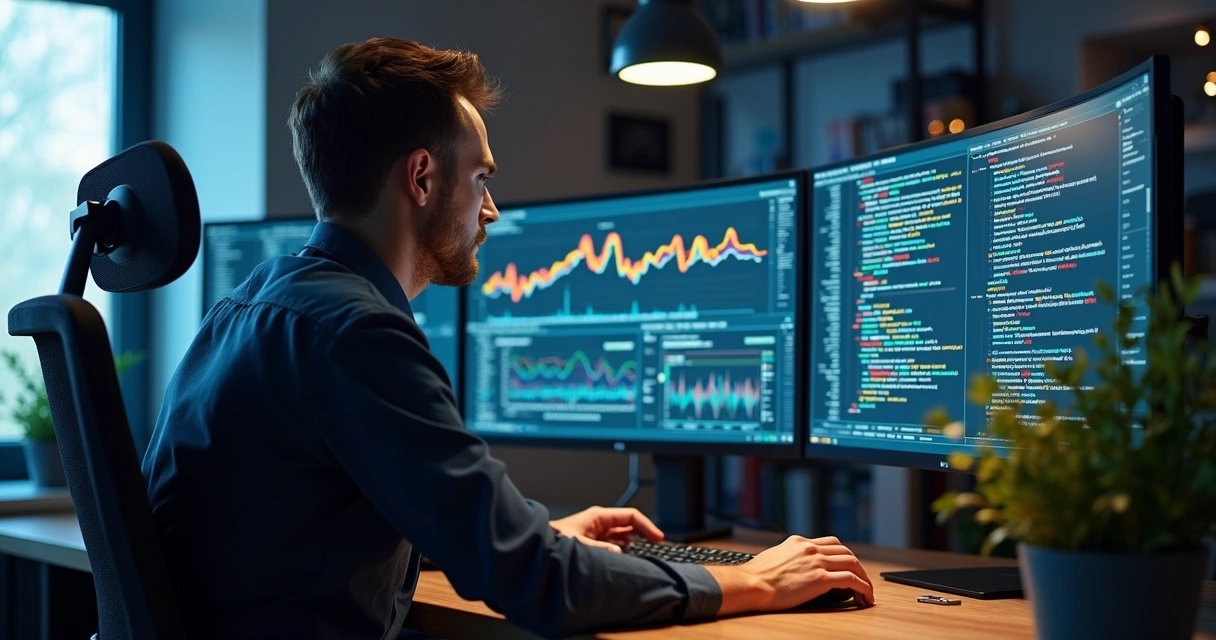 Profissional quantitativo analisando códigos de computador e gráficos de mercado 