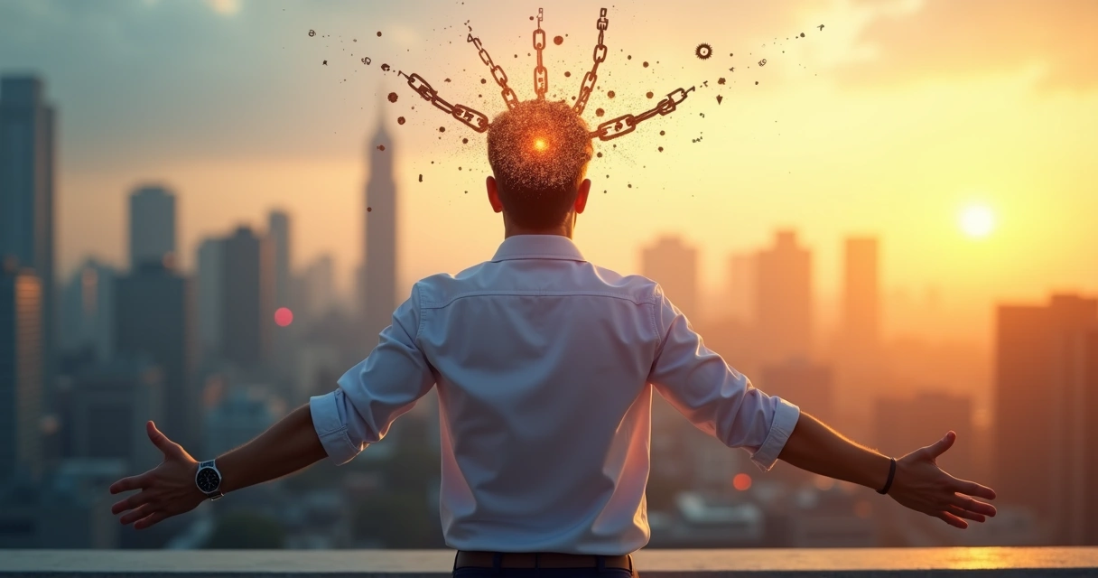 Profissional diante de cidade quebrando correntes que saem da cabeça 