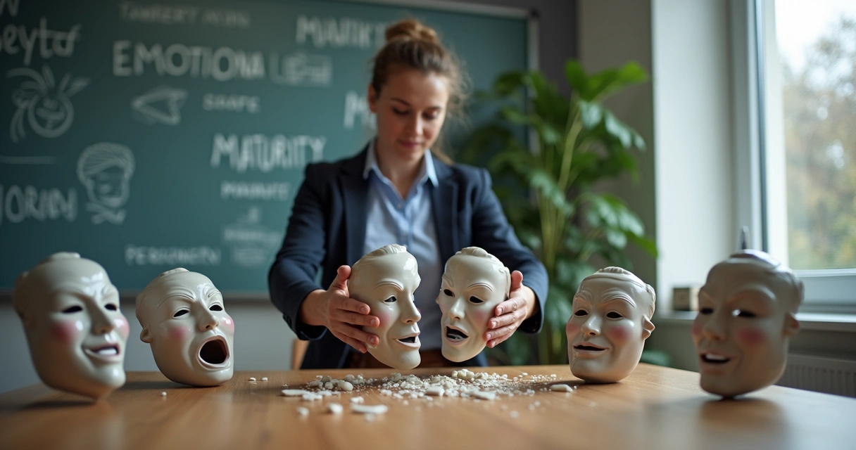 Profissional quebrando máscaras de emoções falsas sobre a mesa 
