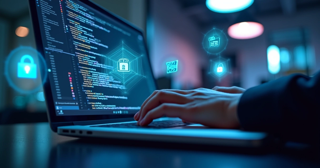 Profissional realizando pentest em computador com códigos na tela e gráficos de segurança digital ao fundo 