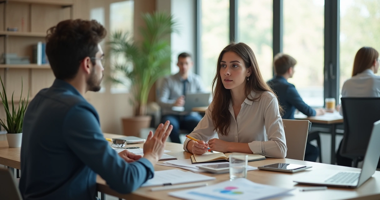 Profissional em reunião ouvindo feedback construtivo no escritório moderno 